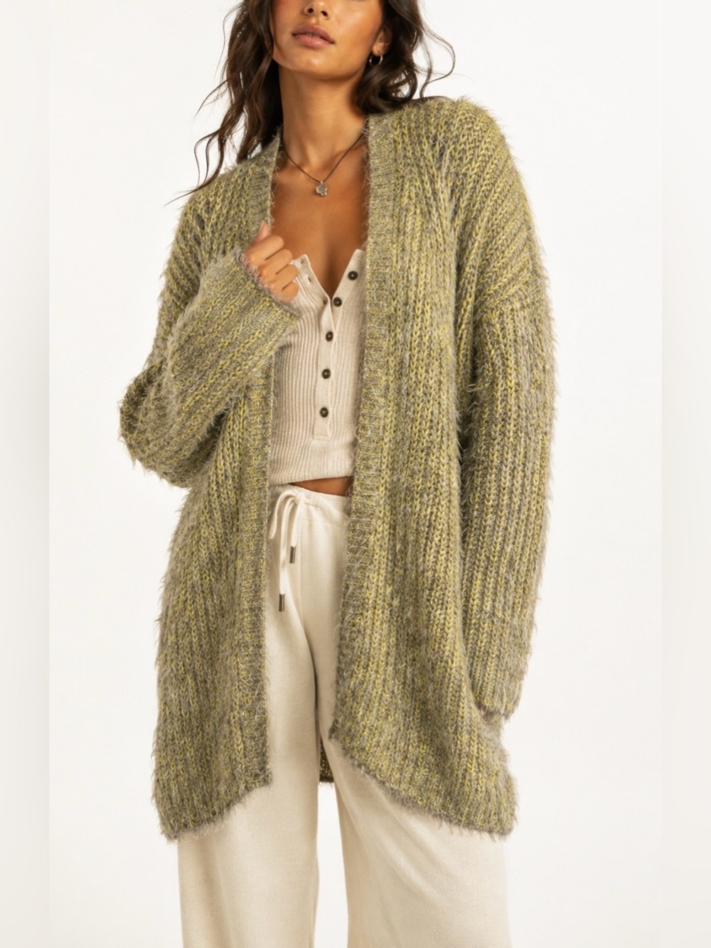 Fuzzy Open-Front Olive Green Women's Cardigan